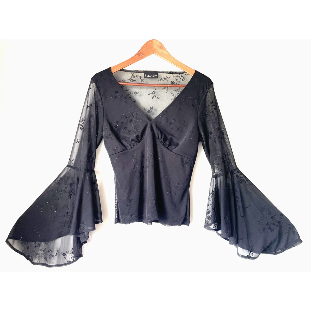Tom Tom Y2K Black Glitter Mesh Witchy Goth Angel Sleeve Style Top